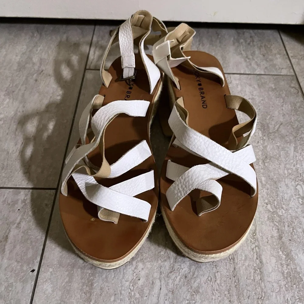 Lucky Brand Espadrille Sandals Womens Size 7 White Platform Ankle Tie Shoes